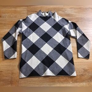 BY DESIGN Diamond Plaid Black White Gray Mock Neck Tunic Sweater Women's Medium